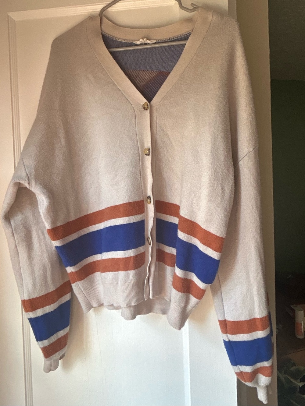 Ascot + hart cream V-Neck Button Cardigan with Blue and Rust Stripe Accents